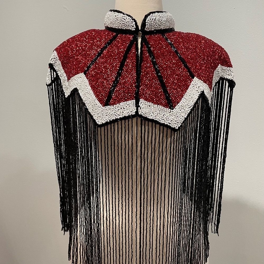 Red Black and White Letterman Design hand beaded fringe capelet O/S